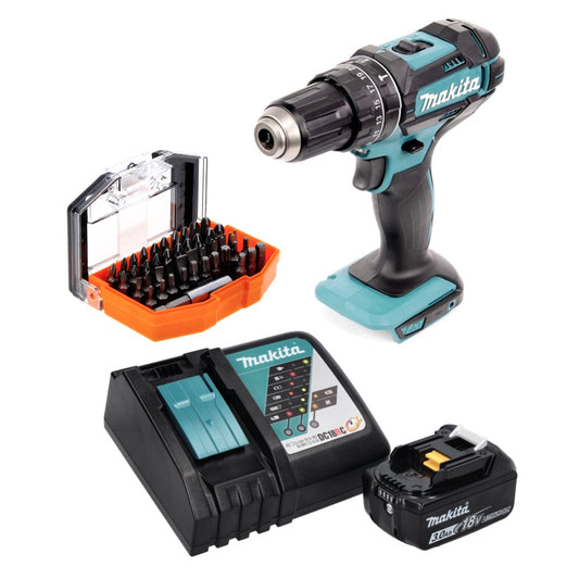 Makita DHP 482 RF1 perceuse à percussion sans fil 18 V 62 Nm + 1 batterie 3,0 Ah + chargeur + jeu d'embouts 44 pièces