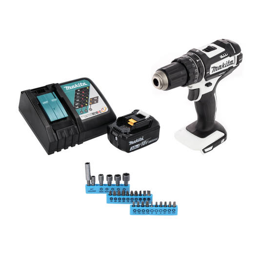 Makita DHP 482 RF1W perceuse à percussion sans fil 18 V 62 Nm + 1 batterie 3,0 Ah + chargeur + jeu d'embouts 26 pièces