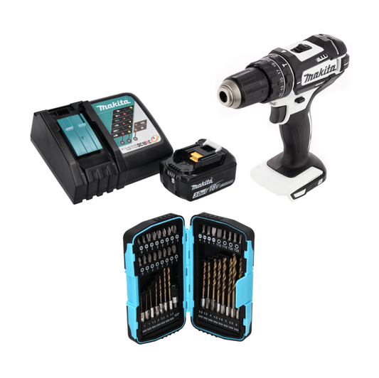 Makita DHP 482 RF1W Akku Schlagbohrschrauber 18 V 62 Nm + 1x Akku 3,0 Ah + Ladegerät + 40 tlg. Bit Bohrer Set