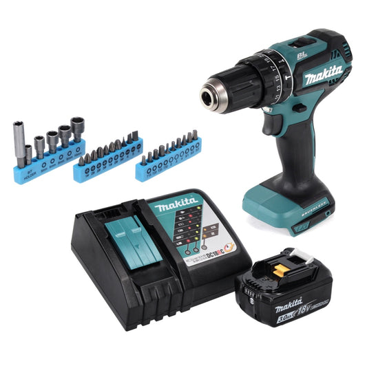 Makita DHP 485 RF1 perceuse à percussion sans fil 18 V 50 Nm sans balais + 1 batterie 3,0 Ah + chargeur + jeu de 26 clés à douilles