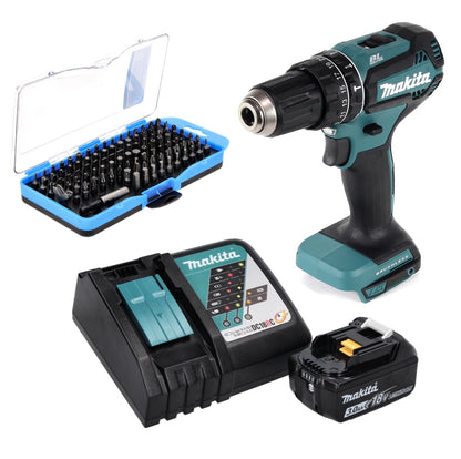 Makita DHP 485 RF1 perceuse à percussion sans fil 18 V 50 Nm sans balais + 1 batterie 3,0 Ah + chargeur + jeu d'embouts 100 pièces