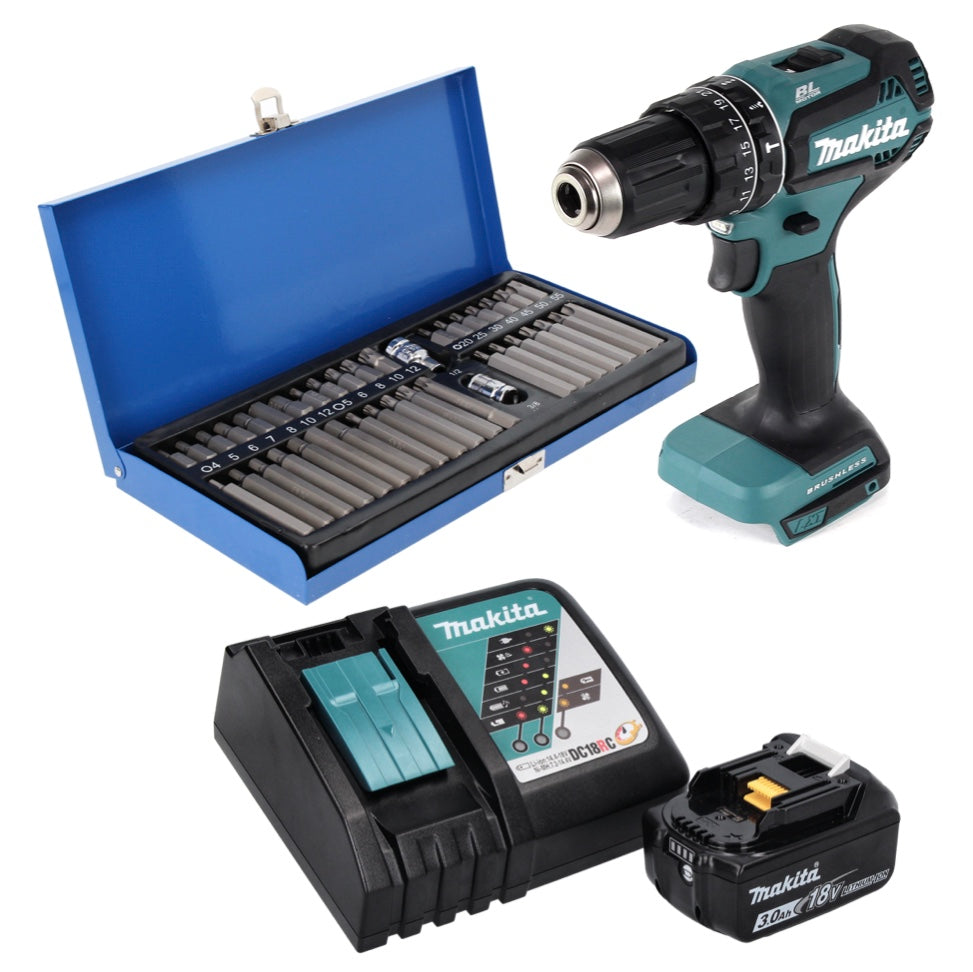 Makita DHP 485 RF1 perceuse à percussion sans fil 18 V 50 Nm sans balais + 1 batterie 3,0 Ah + chargeur + jeu d'embouts 40 pièces