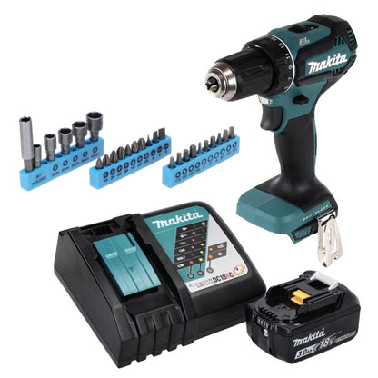 Makita DDF 485 RF1 perceuse-visseuse sans fil 18 V 50 Nm sans balais + 1 batterie 3,0 Ah + chargeur + jeu de 26 clés à douilles