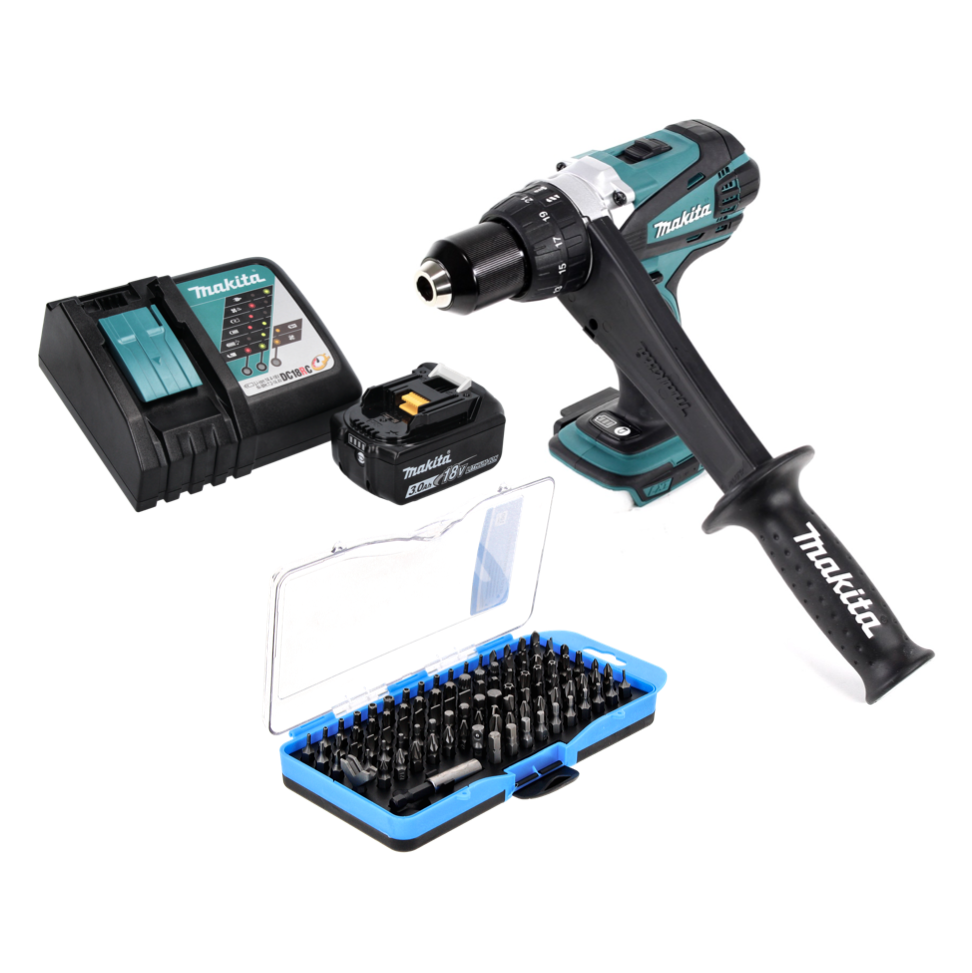 Makita DDF 458 RF1 perceuse-visseuse sans fil 18 V 91 Nm + 1x batterie 3,0 Ah + chargeur + jeu d'embouts 100 pièces