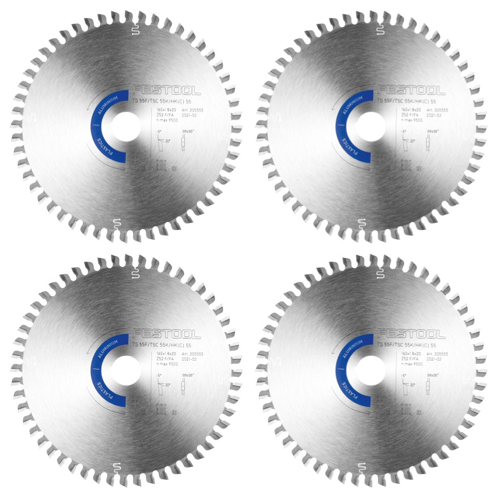 Festool 4x Kreissägeblatt Aluminium / Plastics HW 160 x 1,8 x 20 mm F/FA52 ( 4x 205555 ) für Tauchsägen TS 55 F, TSC 55 K & Handkreissägen HK 55, HKC 55 - Toolbrothers