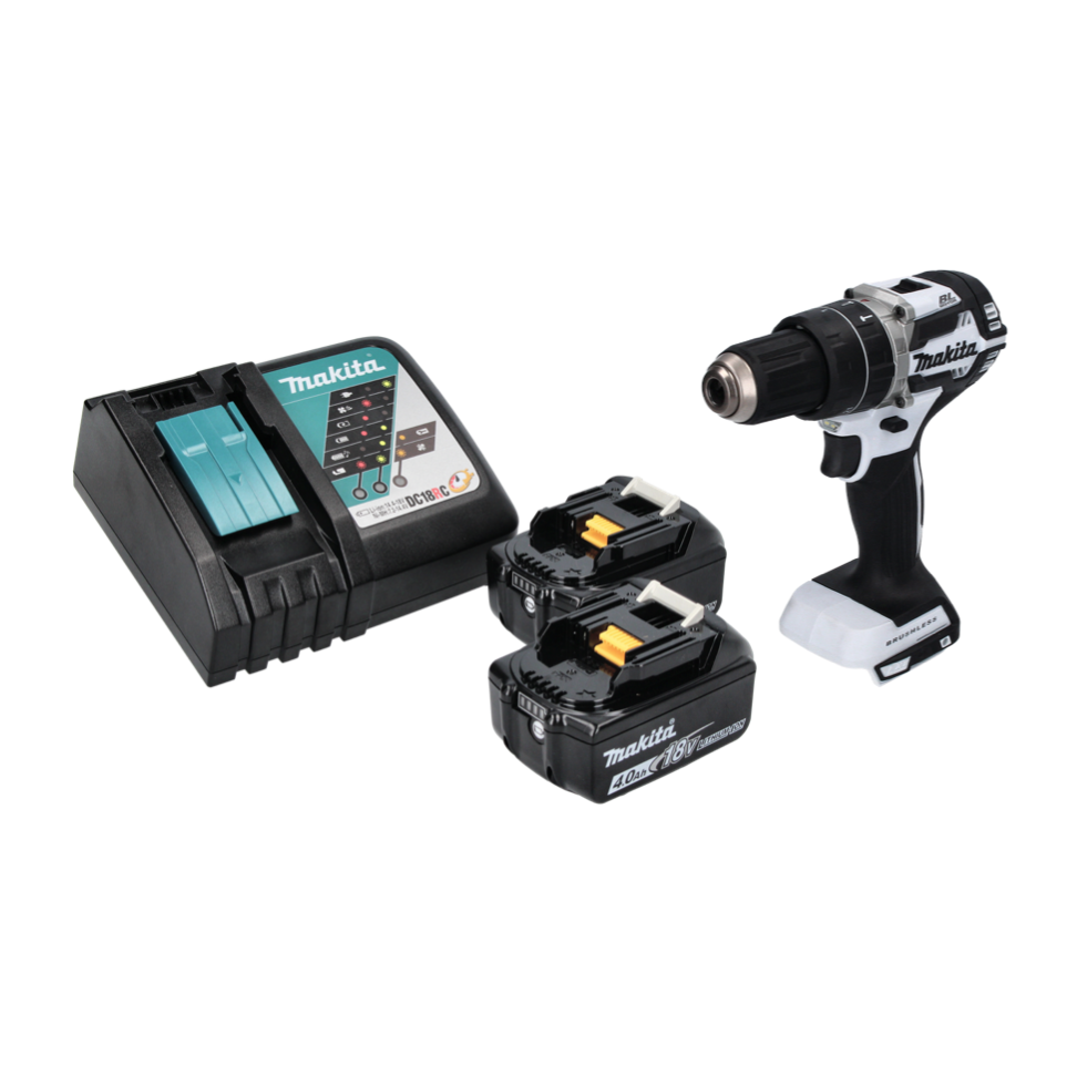 Makita DHP 484 RM W perceuse à percussion sans fil 18 V 54 Nm sans balais blanc + 2x batteries 4,0 Ah + chargeur