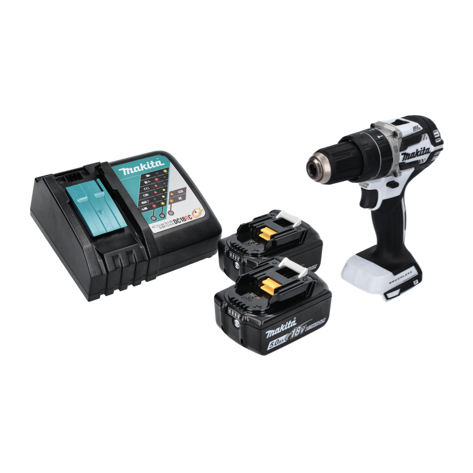 Makita DHP 484 RT W perceuse à percussion sans fil 18 V 54 Nm sans balais blanc + 2x batteries 5,0 Ah + chargeur