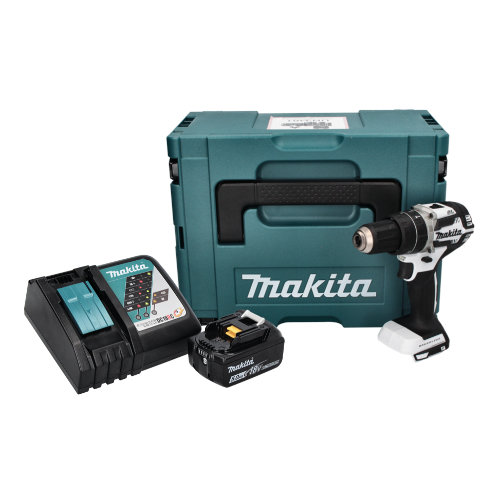 Makita DHP 484 RT1J W perceuse à percussion sans fil 18 V 54 Nm sans balais blanc + 1x batterie 5,0 Ah + chargeur + Makpac