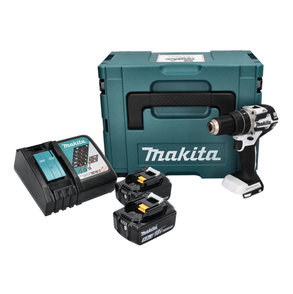 Makita DHP 484 RTJ W perceuse à percussion sans fil 18 V 54 Nm sans balais blanc + 2x batteries 5,0 Ah + chargeur + Makpac