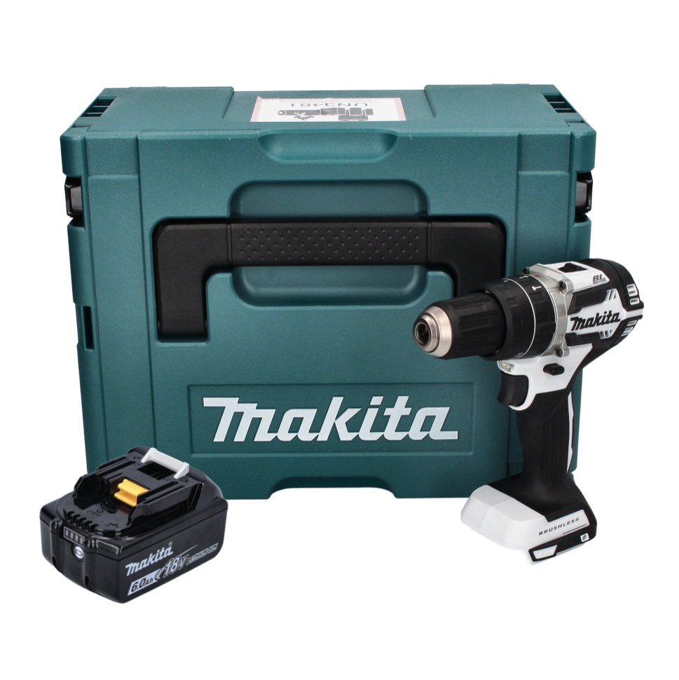 Makita DHP 484 G1J W perceuse à percussion sans fil 18 V 54 Nm sans balais blanc + 1x batterie 6,0 Ah + Makpac - sans chargeur