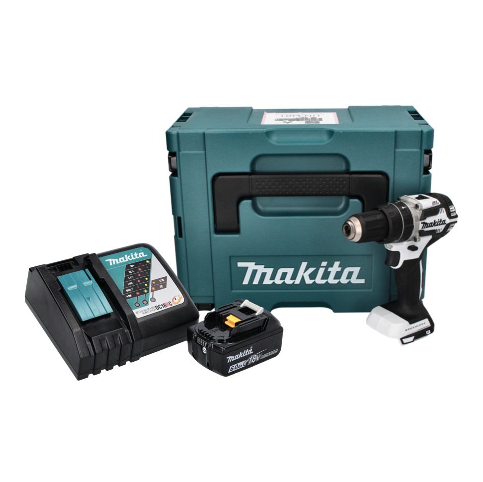 Makita DHP 484 RG1J W perceuse à percussion sans fil 18 V 54 Nm sans balais blanc + 1x batterie 6,0 Ah + chargeur + Makpac