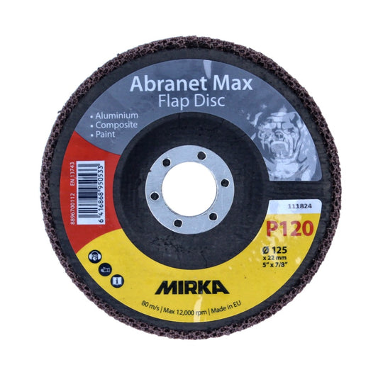 Mirka Abranet Max Flap disc T29 Set 125 mm 22 mm ALOX 120 20 Stück ( 20x 8896700112 ) Fächerscheibe für Aluminium, Verbundstoffe, Lack - Toolbrothers