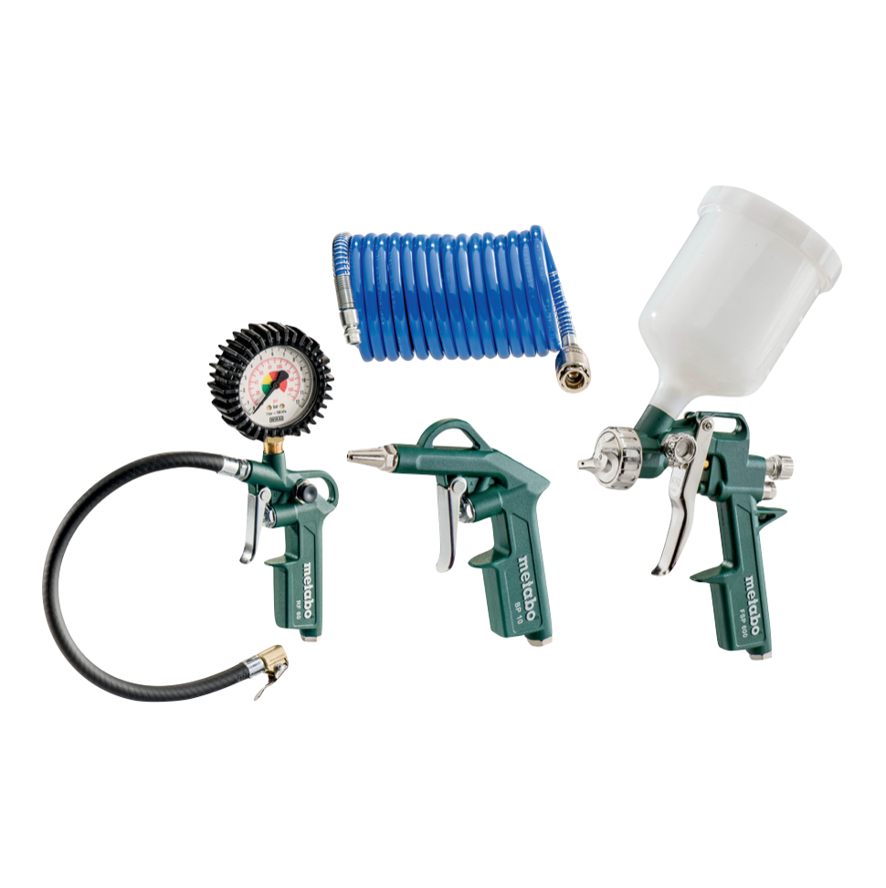 Metabo LPZ 4 set d'outils à air comprimé (601585000) soufflette + jauge de gonflage des pneus + pistolet à peinture + tuyau spiralé