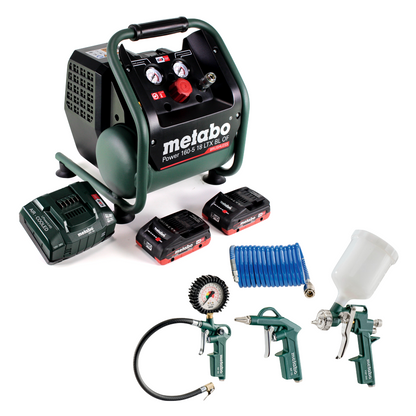 Compresseur à batterie Metabo Power 160-5 18 LTX BL OF 18 V 8,0 bar sans balais + 2x batterie 4,0 Ah + chargeur + jeu d'accessoires 4 pièces