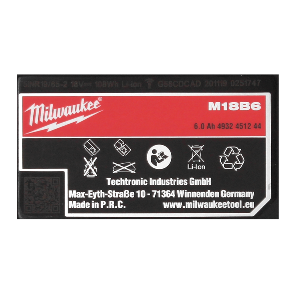 Batterie Milwaukee M18 B6 18 V 6,0 Ah / 6000 mAh (4932451244)