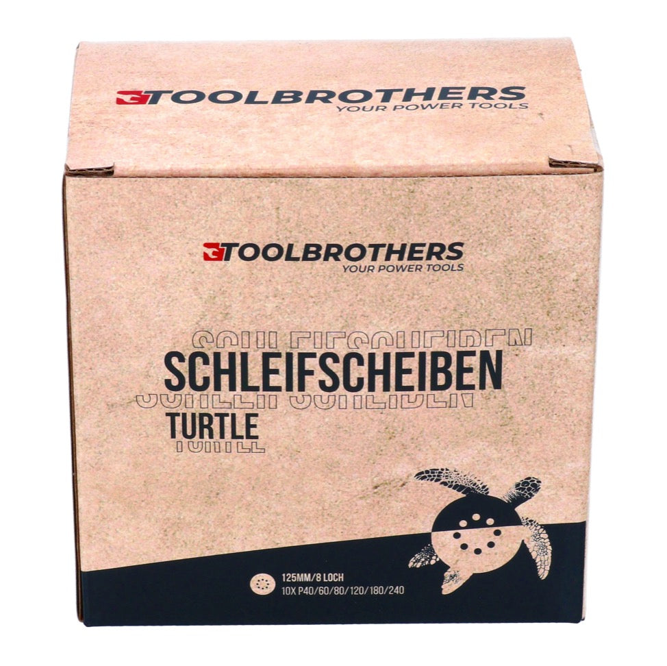 Toolbrothers TURTLE Schleifset 125mm Klett 8 Loch je 10x P40 / P60 / P80 / P120 / P180 / P240 für Hartholz, Weichholz, Lack, Stein, Stahl, Aluminium, Furnier - Toolbrothers