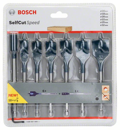 Bosch Self Cut Speed Set: Mèches plates 16/18/20/22/25/32mm, 7 pcs. + Rallonge 1/4" (2608587009)