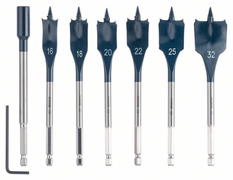 Bosch Self Cut Speed Set: Mèches plates 16/18/20/22/25/32mm, 7 pcs. + Rallonge 1/4" (2608587009)