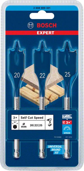 Bosch EXPERT SelfCut Speed Flachfräsbohrer Set 20 / 22 / 25 mm 3 tlg. ( 2608900331 ) für Holz - Nachfolger von 2608587011 - Toolbrothers