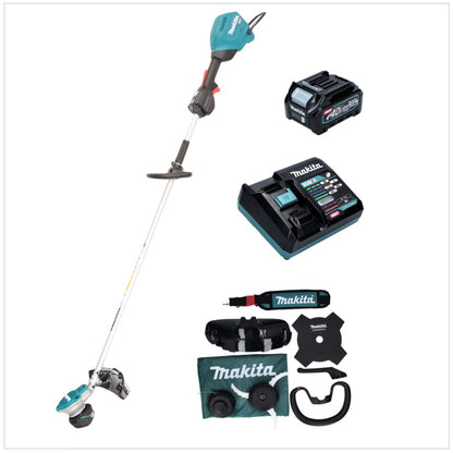 Makita UR 003 GD101 débroussailleuse à batterie 40 V brushless IPX4 + batterie 2,5 Ah + chargeur + bandoulière + tête de couteau + tête de fil + couteau à mouche + sac