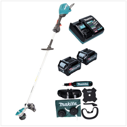 Débroussailleuse à batterie Makita UR 003 GD201 40 V sans balais IPX4 + 2x batteries 2,5 Ah + chargeur + bandoulière + tête de couteau + tête de fil + couteau à mouche + sac