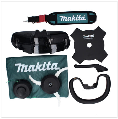 Débroussailleuse à batterie Makita UR 003 GD201 40 V sans balais IPX4 + 2x batteries 2,5 Ah + chargeur + bandoulière + tête de couteau + tête de fil + couteau à mouche + sac