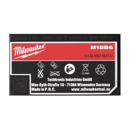 Jeu de batteries Milwaukee M18 B6 2x 18 V 6,0 Ah / 6000 mAh (2x 4932451244)