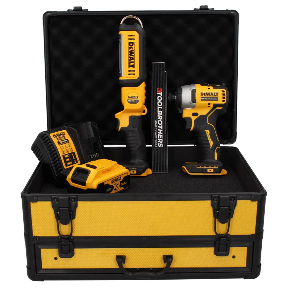 DeWalt DCF 809 P1 TX Akku Schlagschrauber 18 V Brushless + DCL 050 Akku Lampe 18 V + 1x Akku 5,0 Ah + Ladegerät + Gliedermaßstab + TX Koffer