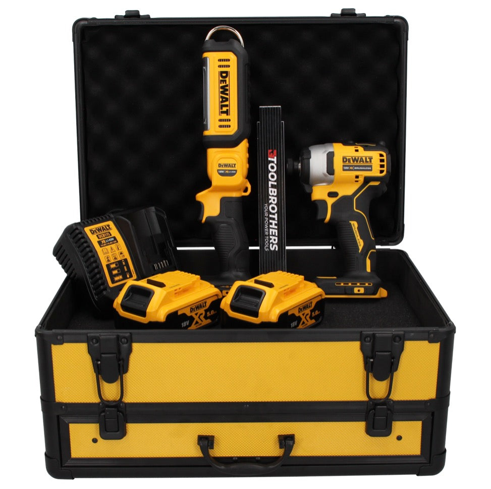 Clé à chocs sur batterie DeWalt DCF 809 P2 TX 18 V sans balais + lampe sur batterie DCL 050 18 V + 2x batterie 5,0 Ah + chargeur + mètre pliant + mallette TX