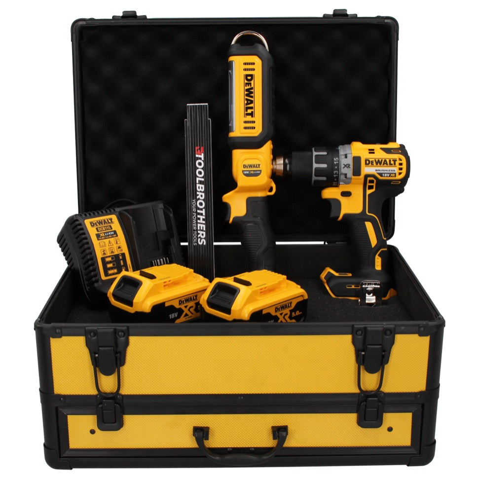 Perceuse-visseuse sans fil DeWalt DCD 791 P2 TX 18 V 70 Nm sans balais + lampe à batterie DCL 050 18 V + 2x batteries 5,0 Ah + chargeur + mètre pliant + mallette TX