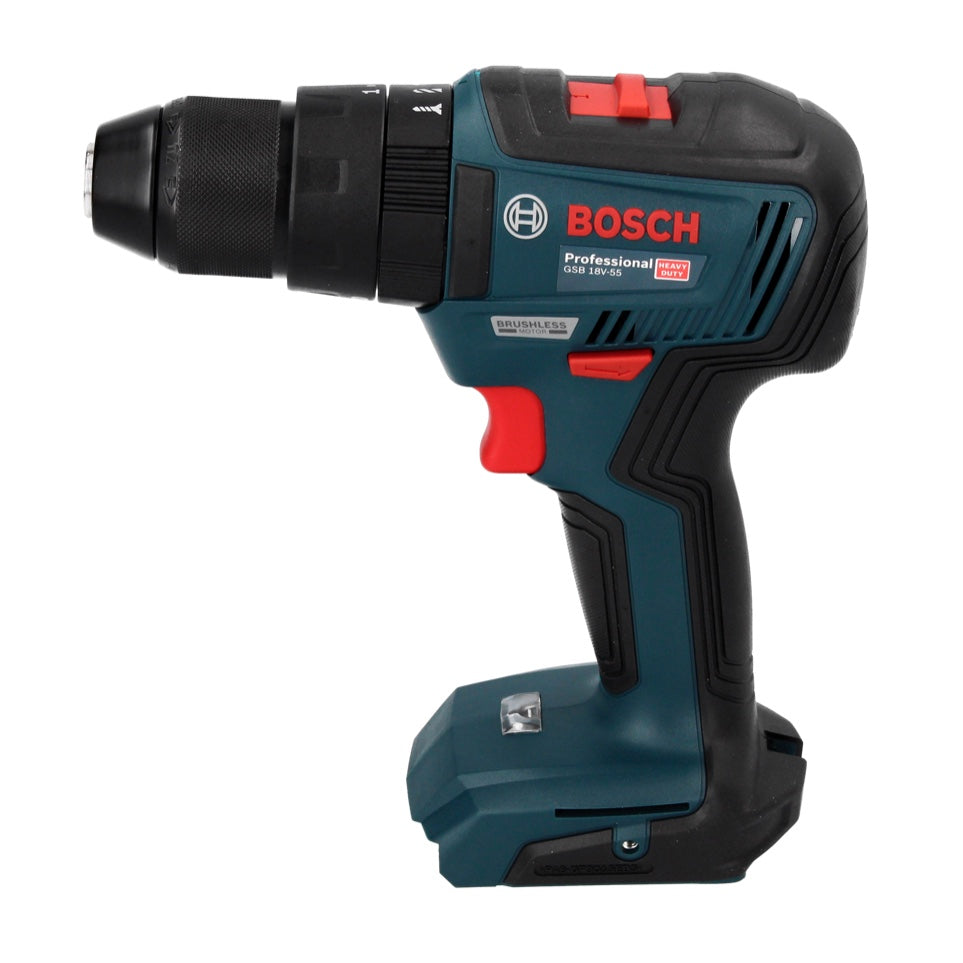 Bosch GSB 18V-55 Professional Akku Schlagbohrschrauber 18 V 55 Nm Brushless + 2x Akku 2,0 Ah + Ladegerät + L-Boxx + GLI 18 V-1900 Akku Baustellen Lampe + Toolbrothers Gliedermaßstab