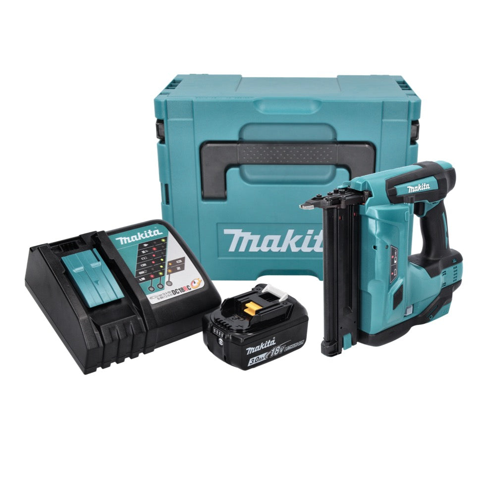 Cloueur à tête d'emballage sur batterie Makita DBN 500 RF1J 18 V 15-50 mm + 1x batterie 3,0 Ah + chargeur + Makpac