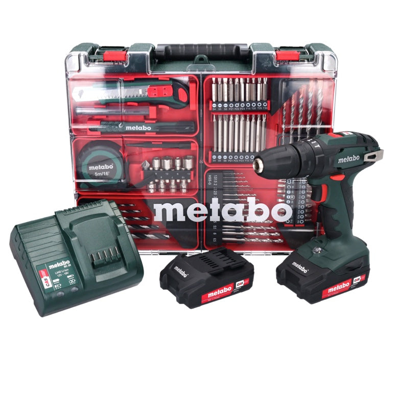 Metabo SB 18 set perceuse à percussion sans fil 18 volts 48 Nm (602245880) + 2x batteries 2,0 Ah + chargeur + jeu de forets 88 pièces + mallette