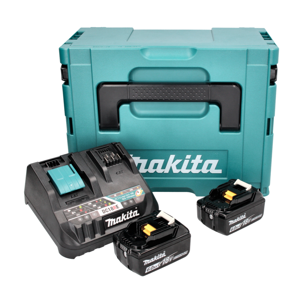 Kit source d'alimentation Makita 18 V avec 2x batterie BL 1860 B 6,0 Ah (2x 197422-4) + chargeur rapide multi DC 18 RE (198720-9) + Makpac