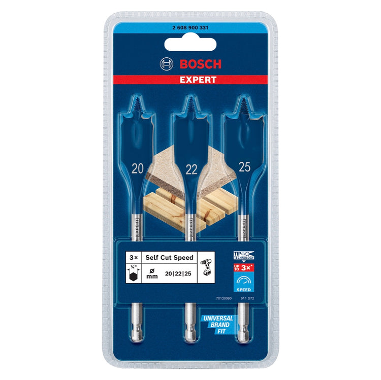 Bosch EXPERT SelfCut Speed Flachfräsbohrer Set 20 / 22 / 25 mm 3 tlg. ( 2608900331 ) für Holz - Nachfolger von 2608587011 - Toolbrothers