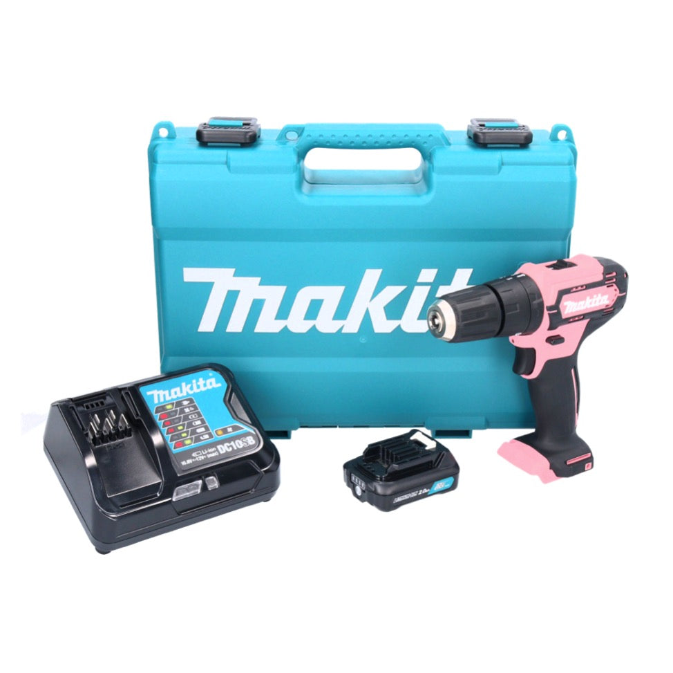 Makita HP 333 DSAP Akku Schlagbohrschrauber 12 V 30 Nm rosa + 1x Akku 2,0 Ah + Ladegerät + Koffer