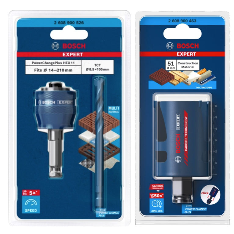 Bosch EXPERT Kit de démarrage pour scie cloche pour matériaux de construction 51 x 60 mm (2608900463) universelle + adaptateur de changement de puissance (2608900526)