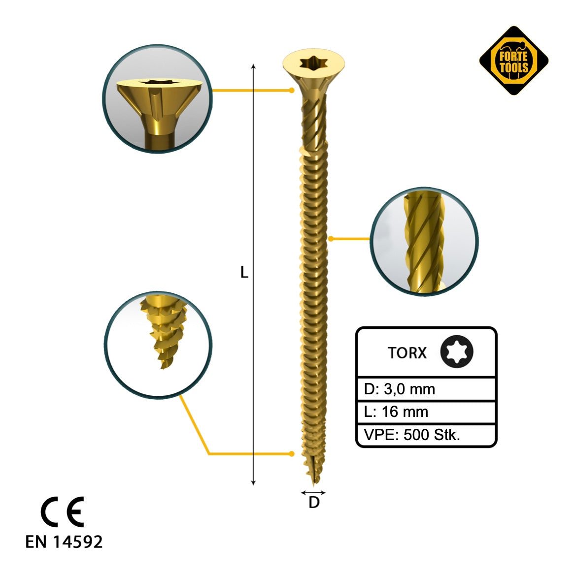 FORTE Tools Universal Holzschraube 3,0 x 16 mm T10 500 Stk. ( 000051399461 ) gelb verzinkt Torx Senkkopf Vollgewinde - Toolbrothers