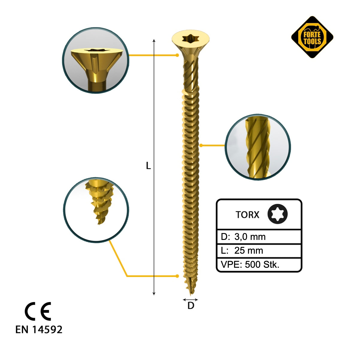 FORTE Tools Universal Holzschraube 3,0 x 25 mm T10 500 Stk. ( 000051399463 ) gelb verzinkt Torx Senkkopf Vollgewinde