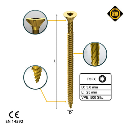 FORTE Tools Vis à bois universelle 3,0 x 25 mm T10 500 pièces (000051399463) tête fraisée Torx galvanisée jaune filetage complet