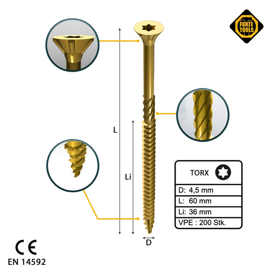 FORTE Tools Universal Holzschraube 4,5 x 60 mm T20 200 Stk. ( 000051399480 ) gelb verzinkt Torx Senkkopf Teilgewinde - Toolbrothers