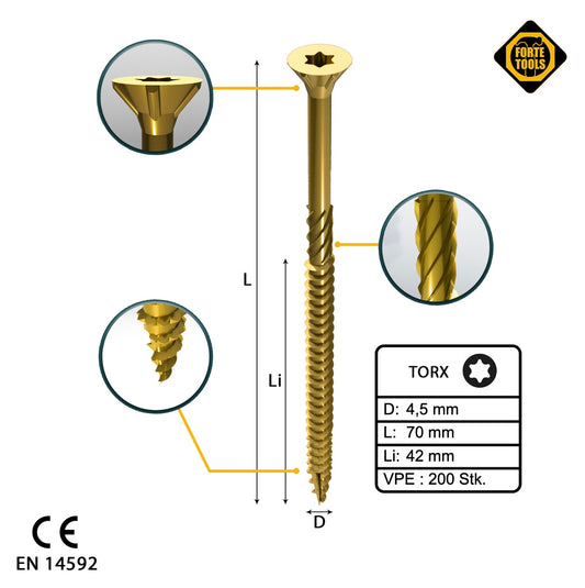 FORTE Tools Vis à bois universelle 4,5 x 70 mm T20 200 pièces (000051399481) tête fraisée Torx galvanisée jaune filetage partiel