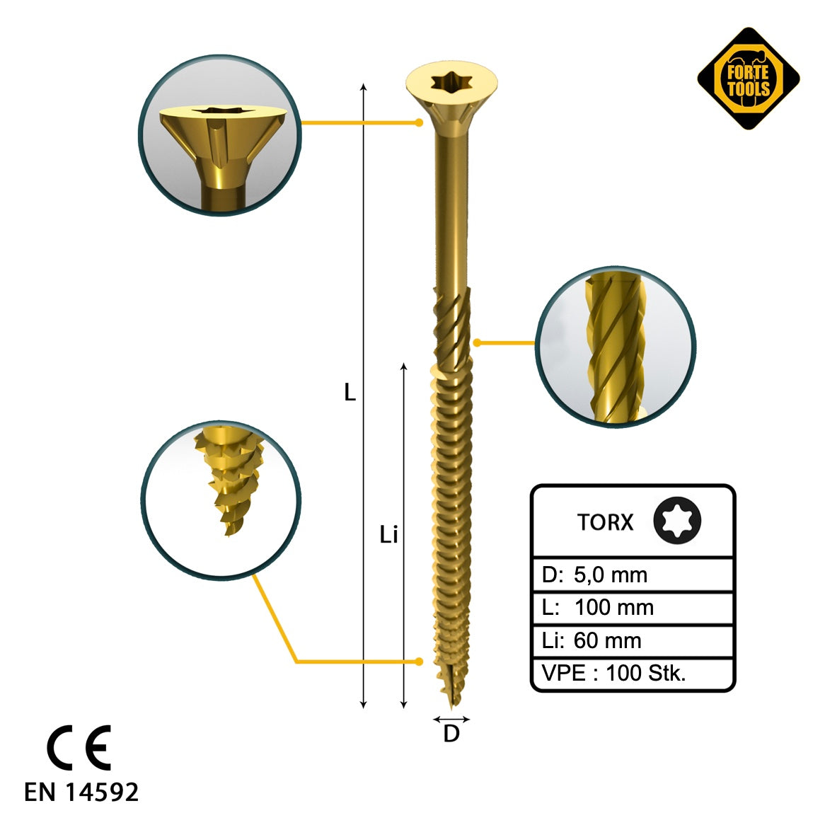 FORTE Tools Vis à bois universelle 5,0 x 100 mm T25 100 pièces (000051399483) tête fraisée Torx galvanisée jaune filetage partiel