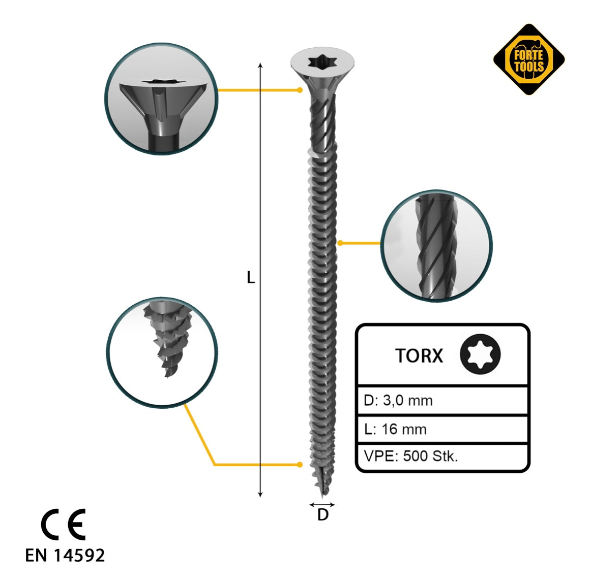 FORTE Tools Universal Holzschraube 3,0 x 16 mm T10 500 Stk. ( 000040113856 ) silber verzinkt Torx Senkkopf Vollgewinde - Toolbrothers