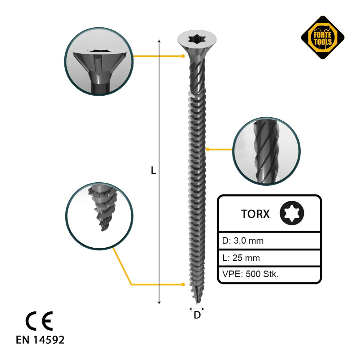 FORTE Tools Vis à bois universelle 3,0 x 25 mm T10 500 pièces (000040113858) tête fraisée Torx galvanisée argent filetage complet