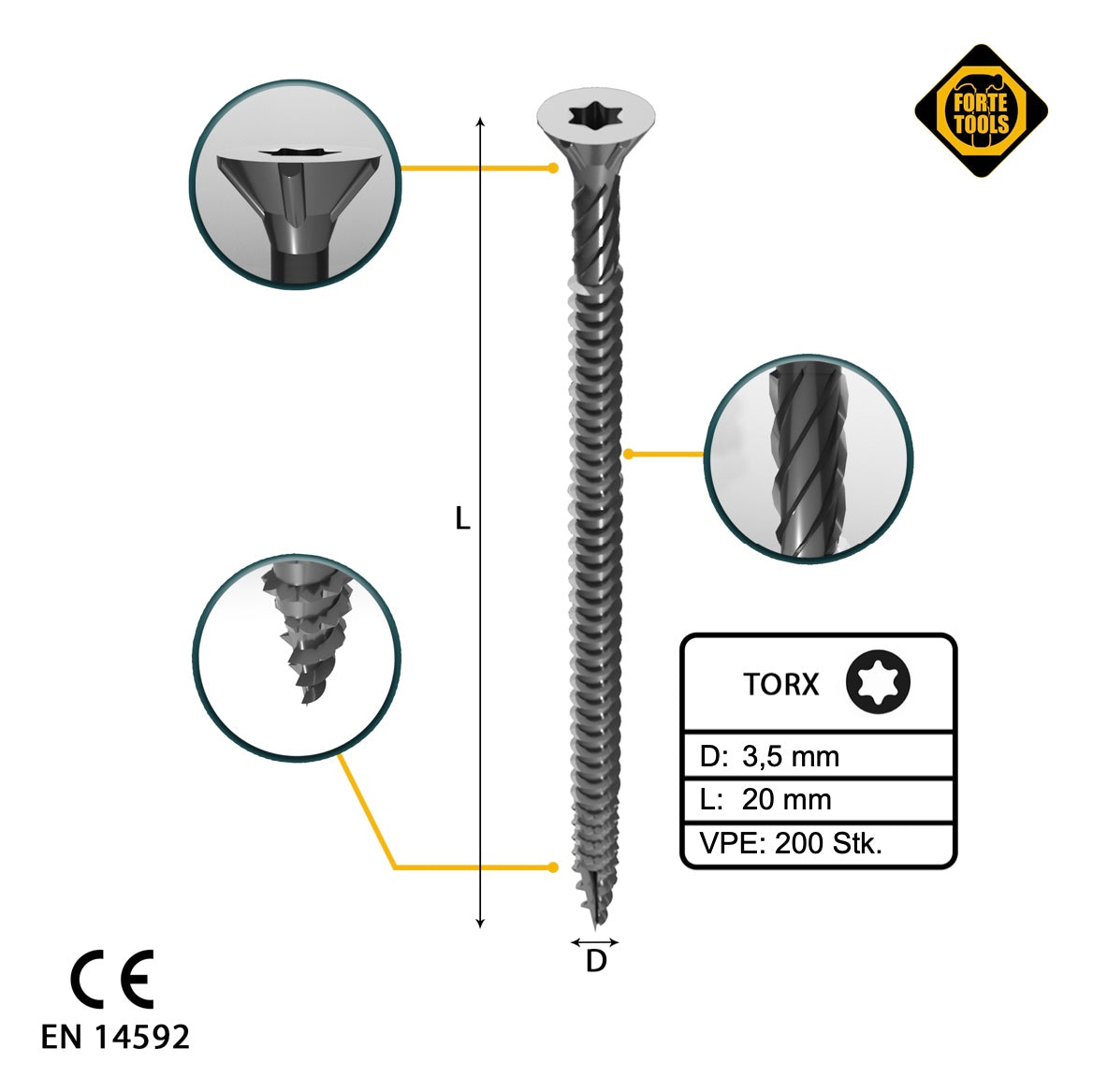 FORTE Tools Universal Holzschraube 3,5 x 20 mm T15 200 Stk. ( 000040113861 ) silber verzinkt Torx Senkkopf Vollgewinde - Toolbrothers