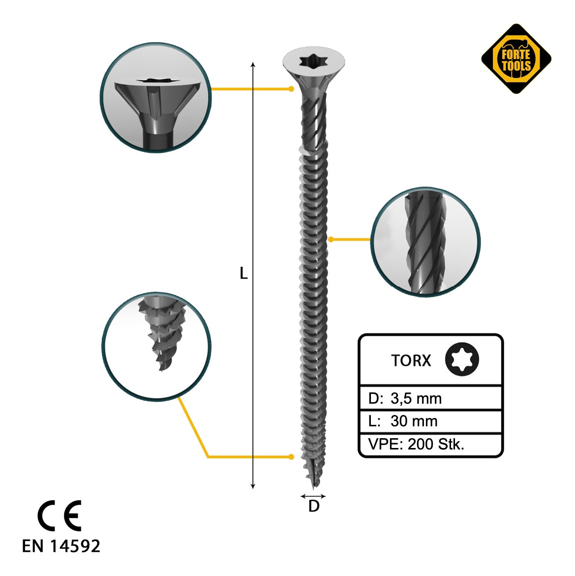 FORTE Tools Universal Holzschraube 3,5 x 30 mm T15 200 Stk. ( 000040113863 ) silber verzinkt Torx Senkkopf Vollgewinde - Toolbrothers