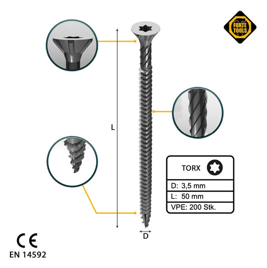 FORTE Tools vis à bois universelle 3,5 x 50 mm T15 200 pièces (000040113866) tête fraisée Torx galvanisée argent filetage complet