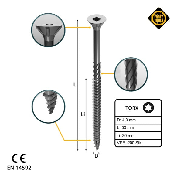 FORTE Tools Vis à bois universelle 4,0 x 50 mm T20 200 pièces (000040113870) argent galvanisé tête fraisée Torx filetage partiel