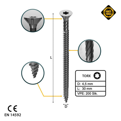 FORTE Tools Universal Holzschraube 4,5 x 30 mm T20 200 Stk. ( 000040113872 ) silber verzinkt Torx Senkkopf Vollgewinde - Toolbrothers